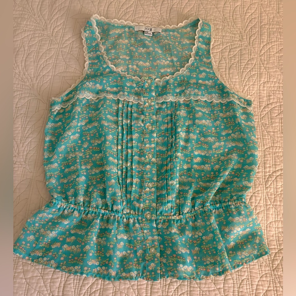 Forever 21 Teal Floral Lace-Trim Sleeveless Peplum Top